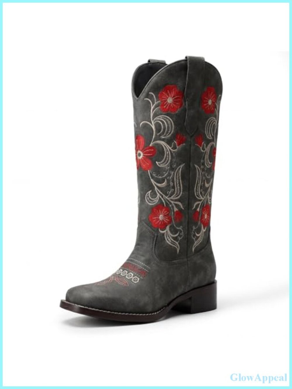 Women's Western Cowboy Boots Square Toe Mid Calf Pull On Chunky Low Heel